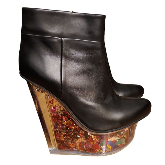 Jeffrey Campbell Rave Ankle Boots Size 6 M Black Leather Glitter Wedge Platform - Picture 1 of 8